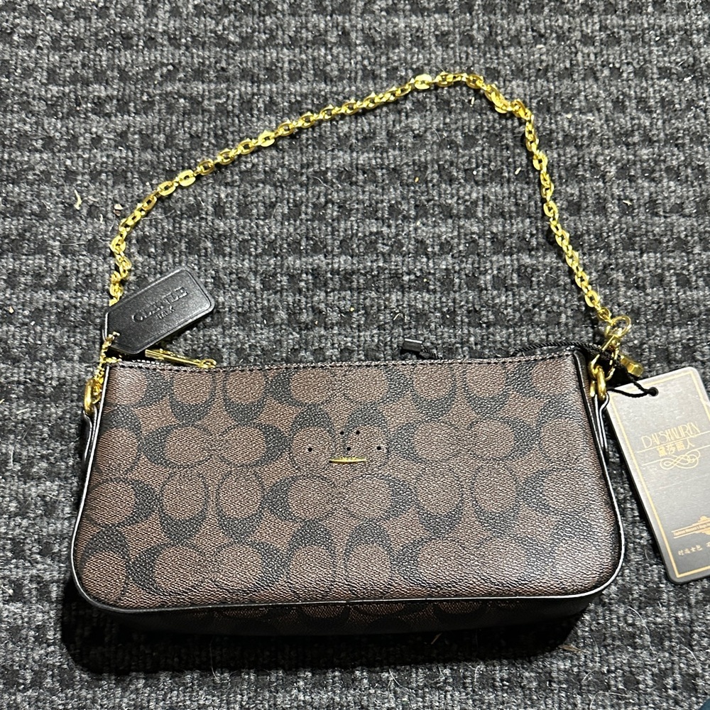 Chic Designer Brown Wristlet with Gold Chain